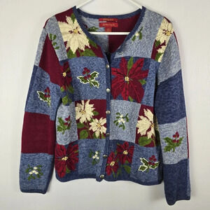 Northern Isles Vintage Christmas Holiday Poinsettia Patchwork Cardigan Size M